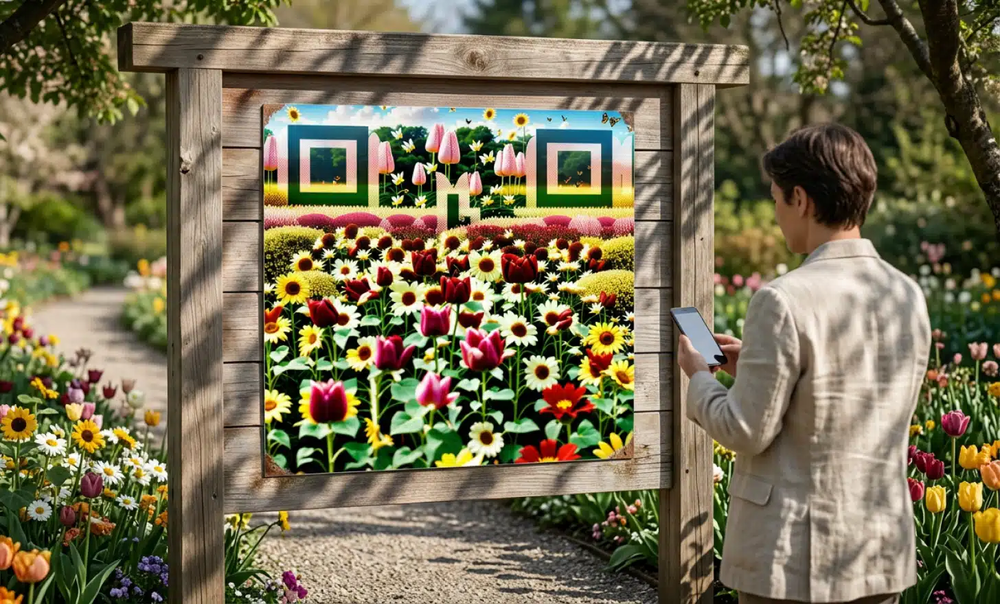 Aesthetic QR codes: Where design meets functionality 3 Wooden welcome sign at a botanical garden entrance featuring a printed panel artwork, with a visitor about to scan with a smartphone.