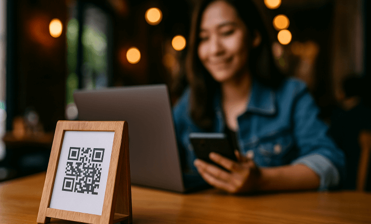 A small, tent-style QR code sign on a wooden café table, with a smiling woman in the background using a phone and laptop under soft café lighting.