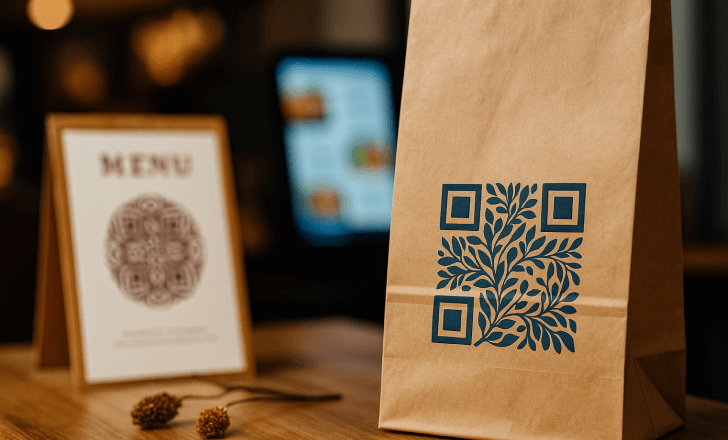 Aesthetic QR codes on a kraft paper bag, a menu, and a digital screen in a softly lit environment.
