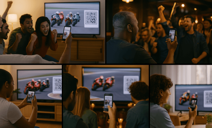 Different people worldwide watching MotoGP on TV and scanning QR codes