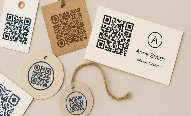 Paper tags and cards with custom-designed QR codes, including floral and circular motifs, laid out on a beige background.