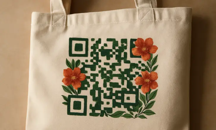 A beige canvas tote bag with a plant-inspired QR code design, featuring vibrant orange flowers and green leaves, placed on a neutral background.