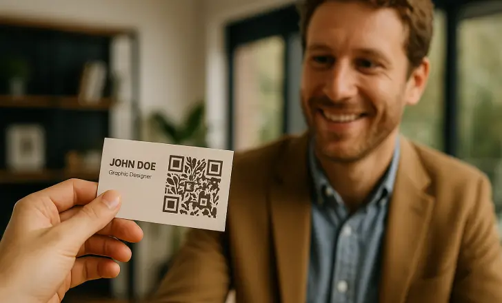 A business card with an artistic QR code being exchanged in an office setting.