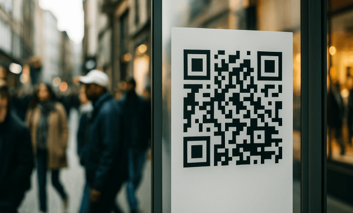 A large dynamic QR code on a modern marketing poster in a busy urban street, with people of different backgrounds walking past in blurred motion under realistic natural lighting.