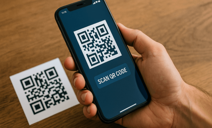 A person holding a smartphone while scanning a QR code card on a wooden table.