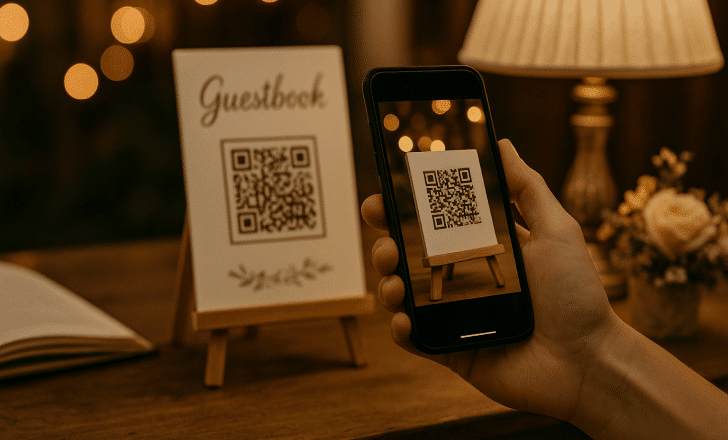 A person using a smartphone to scan a QR code at a wedding guestbook station with vintage decor, warm lighting, and bokeh lights in the background.