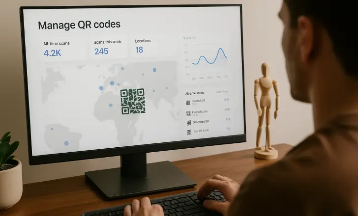A person viewing QR code performance metrics on a computer screen with a user-friendly dashboard showing scan locations and analytics