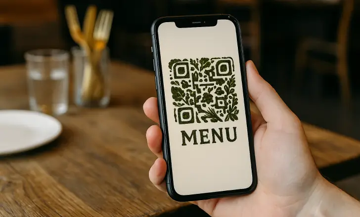 A smartphone displaying a food menu QR code with floral elements, held by a person in a cozy restaurant setting with dining utensils and a plate in the background.