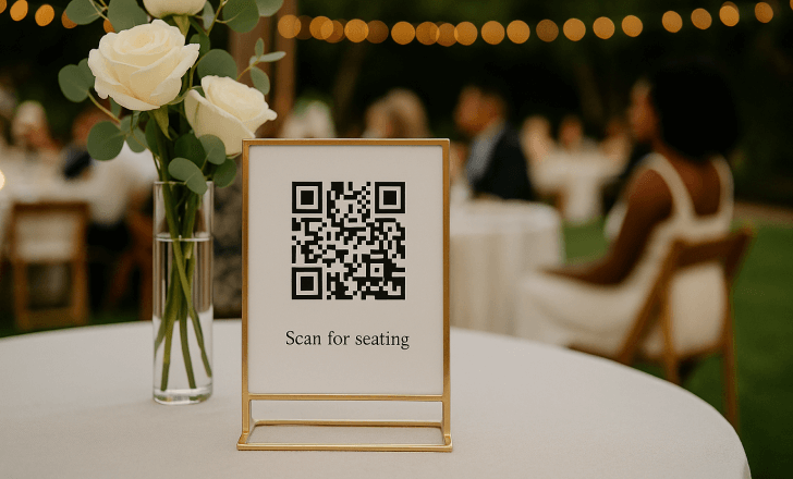A wedding seating chart displayed on a table with a gold frame and QR code, surrounded by soft lighting and elegant floral decor at an outdoor reception.
