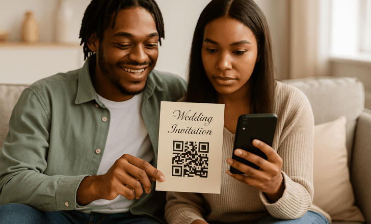 An African American couple sitting together on a couch, holding a wedding invitation with a QR code while checking event details on a smartphone.