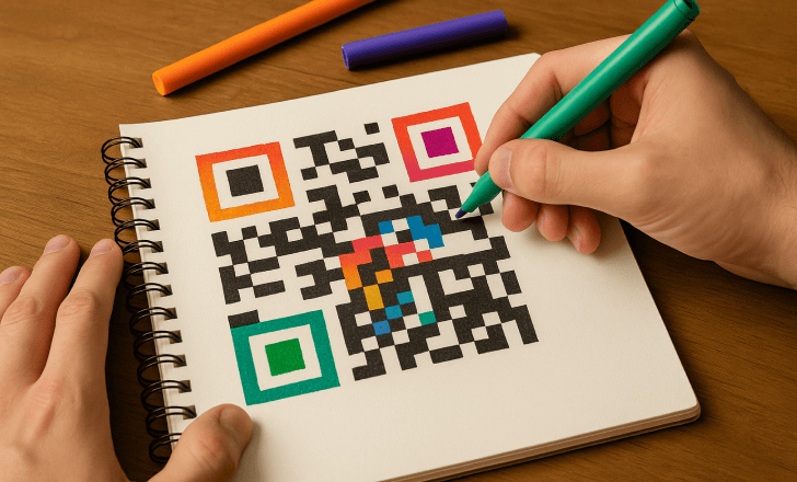 Artist coloring a vibrant QR code in a spiral-bound sketchbook using markers on a wooden desk.
