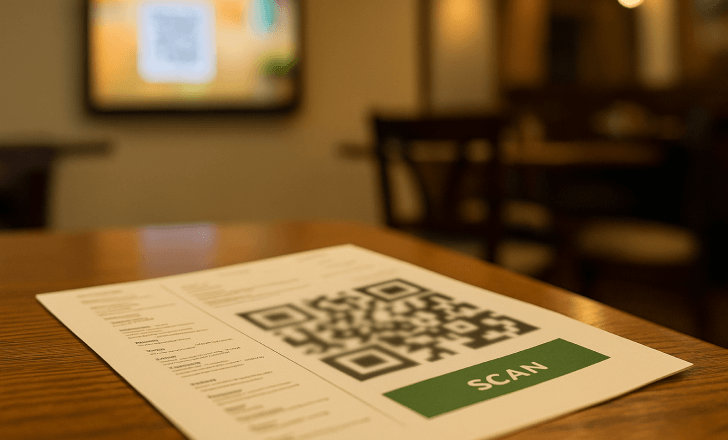 Blurry QR code printed on a menu in a restaurant setting.