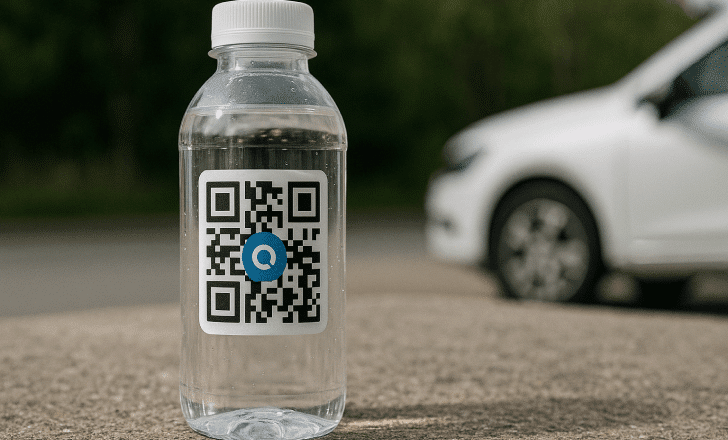 Clear water bottle outdoors with a QR code sticker on the front