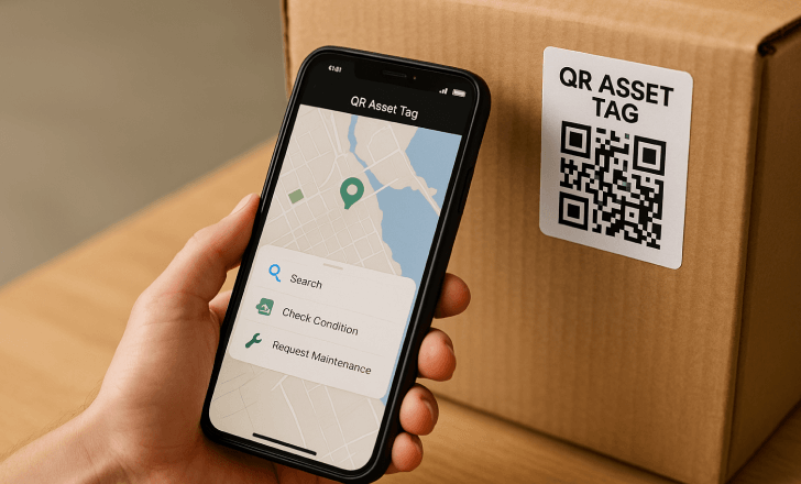 Close-up of a hand holding a smartphone showing a map and asset management options while scanning a QR asset tag on a cardboard box.