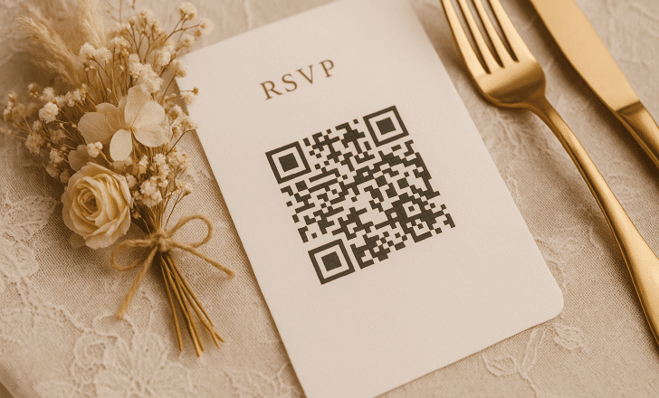 Close-up of a wedding RSVP card with a QR code placed on a lace tablecloth, surrounded by dried flowers and golden cutlery in soft pastel tones.