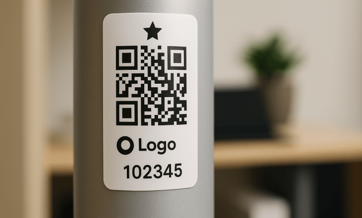 Close-up of a white QR tag with a star icon and ID number, attached to a gray metal surface in an office setting.