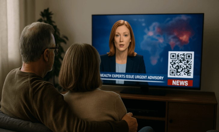 Couple watching a news broadcast on TV with a QR code in the corner for additional details.