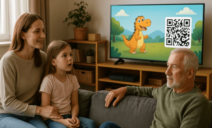 Family watching a children’s show on TV with a QR code in the corner for interactive content.