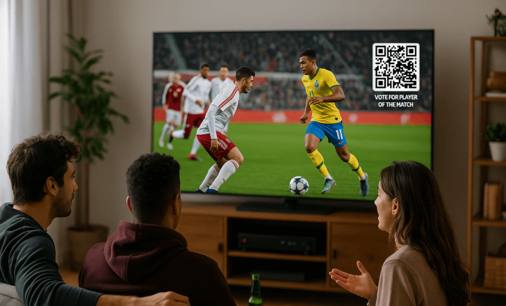 Friends watching a soccer match on TV with a QR code in the corner to vote for player of the match.