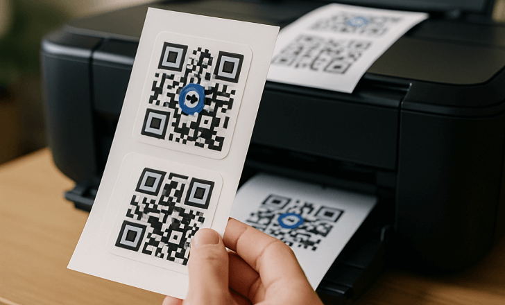 Hand holding a sheet of freshly printed QR code stickers in front of a printer