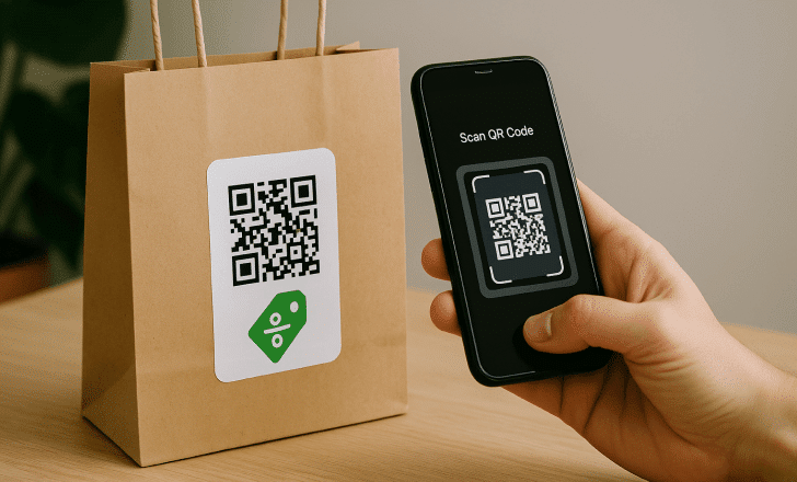 Hand holding a smartphone scanning a QR code label with a green discount tag icon on a brown paper shopping bag.