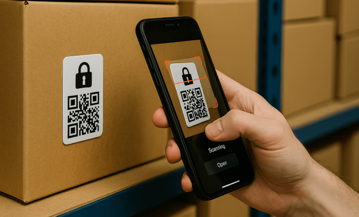 Hand holding a smartphone scanning a QR code label with a padlock icon on a cardboard box in a warehouse.
