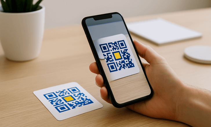 Hand holding a smartphone scanning a blue-and-white QR code with a yellow center printed on a card, placed on a wooden desk.