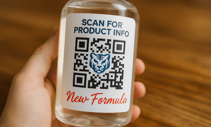 Hand holding a transparent plastic bottle with a label featuring a QR code and blue tiger logo, against a wooden background.