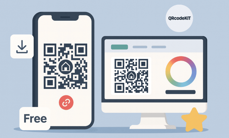 Illustration of a smartphone and computer displaying QR codes, with the QRCodeKIT logo placed above the computer monitor on a light blue background.