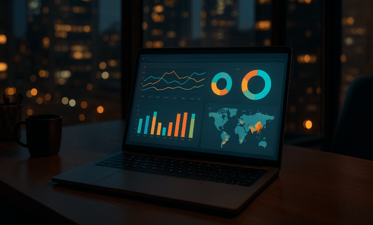 Laptop displaying colorful graphs and geolocation heatmaps from QR code scans in a sleek night office, with city lights reflected on the window.
