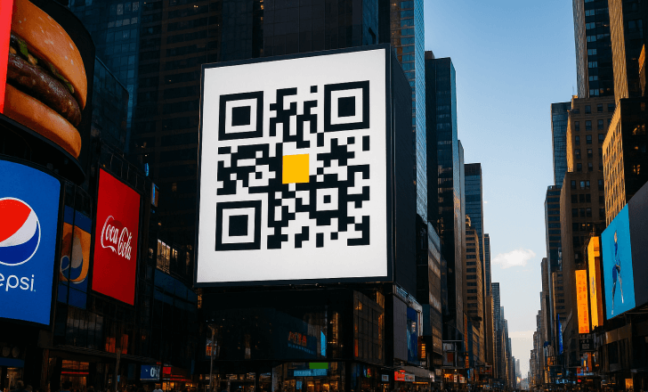 Large black-and-white QR code with a yellow center displayed on a billboard in Times Square, surrounded by other colorful ads and crowds.