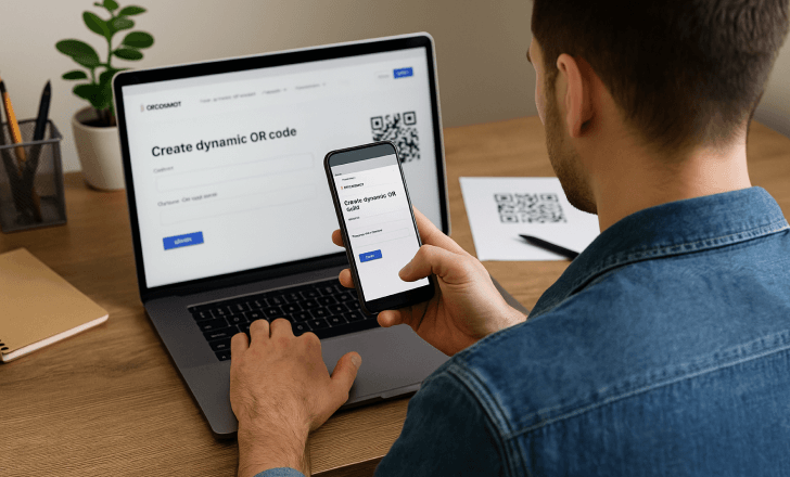 Man using both a laptop and a smartphone to create a dynamic QR code on the QRCodeKIT website, seated at a wooden desk with office supplies