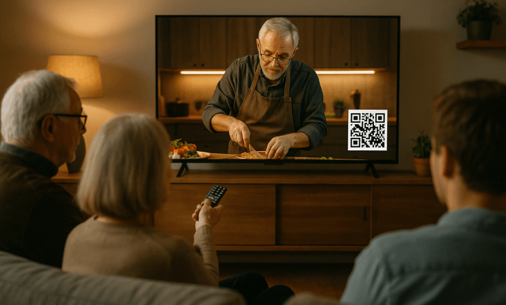 Older couple watching a cooking show on TV with a QR code in the corner to access the recipe.