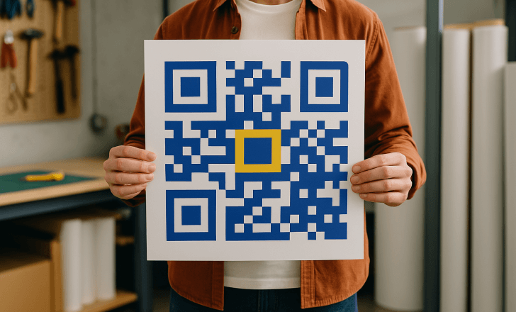 Person holding a large printed blue-and-white QR code with a yellow center in a workshop