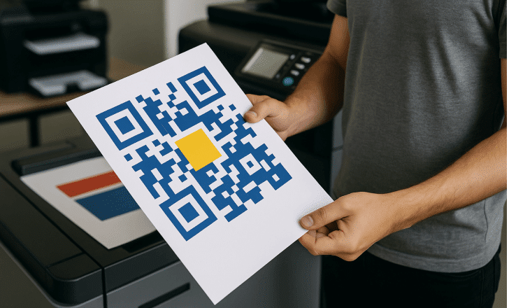 Person holding a printed blue-and-white QR code with a yellow center near a large digital printer.