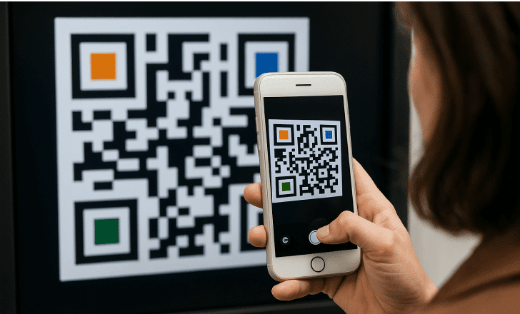 Person scanning a QR code displayed on a digital screen using a white smartphone.
