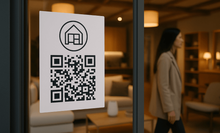 QR code poster with a house-shaped store logo displayed inside a modern interior design shop window, with blurred furniture and a woman walking in the background.