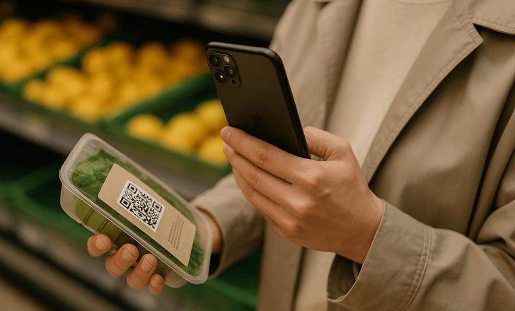 Realistic photo of a person scanning a QR code on packaged groceries with a smartphone in a supermarket.