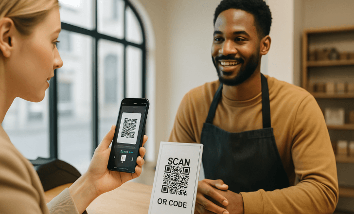 Realistic photo of a woman scanning a QR code at a retail counter, smartphone screen facing the code, with a smiling cashier in the background.