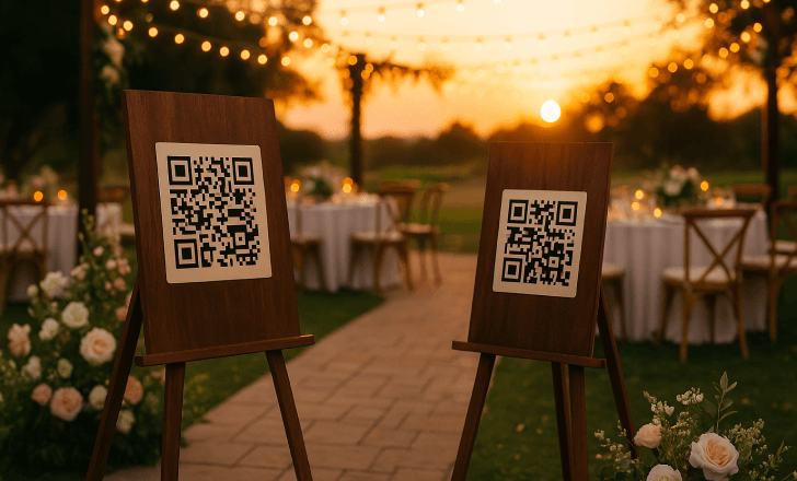 Romantic outdoor wedding reception at sunset with two wooden QR code signs on easels, surrounded by flowers, string lights, and round dinner tables.