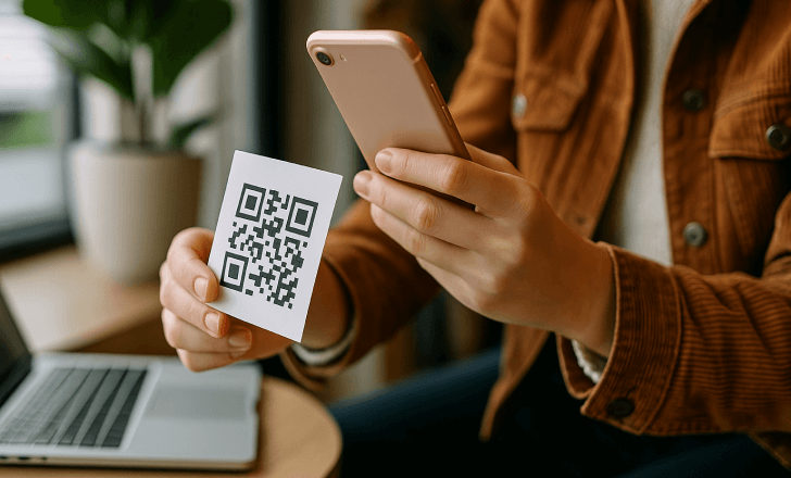 Scanning a QR code card with a smartphone while sitting at a cozy café table.