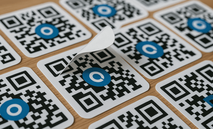 Sheet of custom QR code stickers on a wooden surface, one partially peeled off