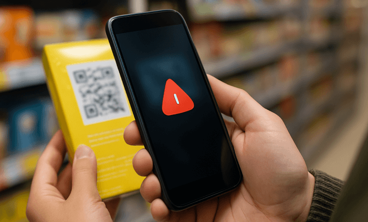 Shopper scanning a blurry QR code with a smartphone showing only a red warning icon.