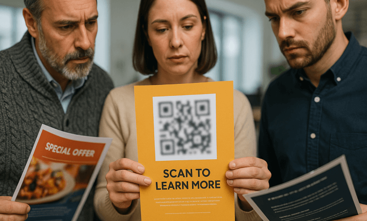Team reviewing a poster with a blurry QR code in an office.