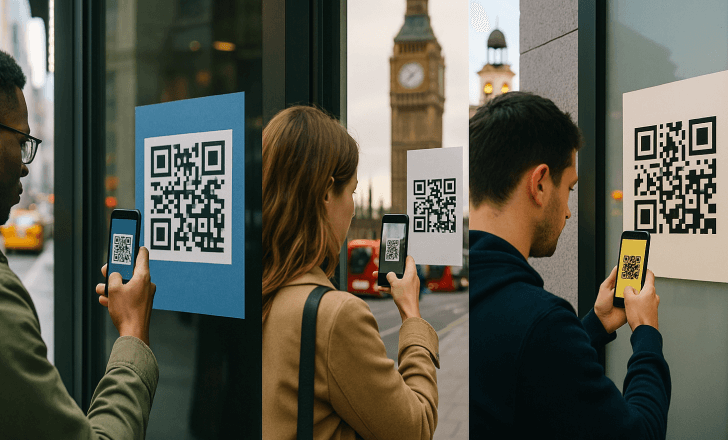 Three people in New York, London, and Madrid scanning the same QR code in urban settings.
