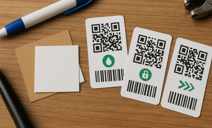 Three white QR code labels with unique green icons and barcodes on a wooden surface, surrounded by stationery and sample cards.