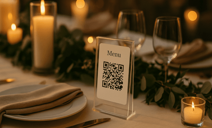 Wedding reception table with an acrylic QR code menu stand, surrounded by candles, wine glasses, taupe napkins, and greenery under warm ambient lighting.