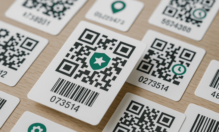 White QR code labels with barcodes and green icons, arranged on a wooden surface, with one central label featuring a shield and star.