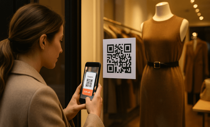 Woman scanning a QR code on a boutique window, with a personalized coupon visible on her phone screen, warm interior lighting and elegant fashion display inside.