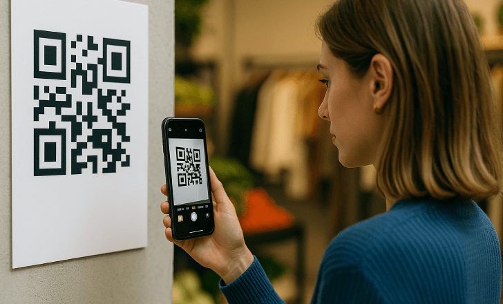 Woman scanning a large QR code on a poster with her smartphone in a retail environment.